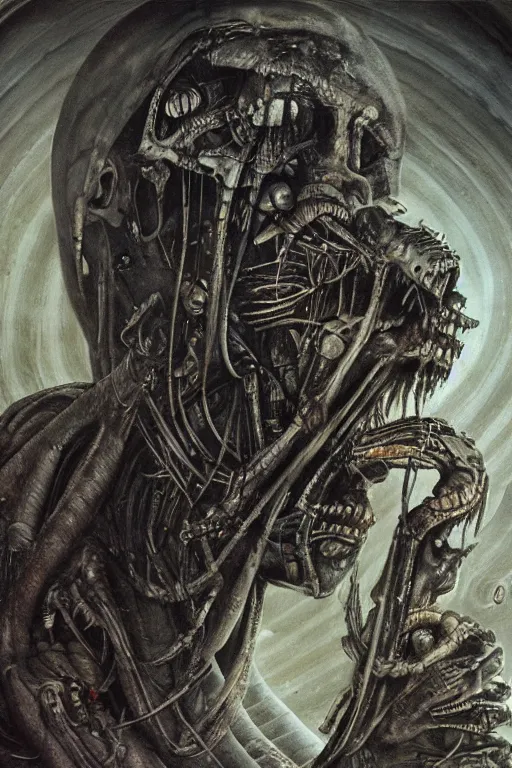 Image similar to saturn devouring his son painted in the syle of giger, giger art, wall painting, extremely detailed, 4 k