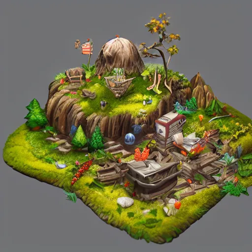 Image similar to a 3d diorama of a nature setpiece,isometric,cartoony,modeled,artstation,beautiful