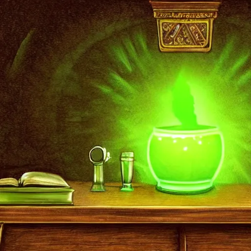 Prompt: a black cauldron filled with a magical green glowing potion standing in an old wilden desk, medieval, digital art, dark brown white green colours, mysterious, very detailed, realistic