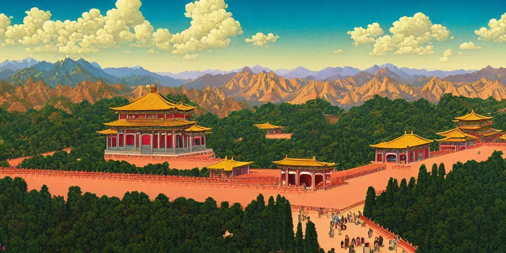 Prompt: forbidden city on the cliff, 4 k, wide - angle lens ， cinematic ， painting by wes anderson and hasui kause and scott listfield maxfield parrish