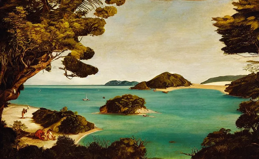 Prompt: golden bay abel tasman new zealand in the style of Caravaggio, digital art, high quality, highly detailed, high coherence, anatomically correct, Caravaggio, concept art, marterpiece