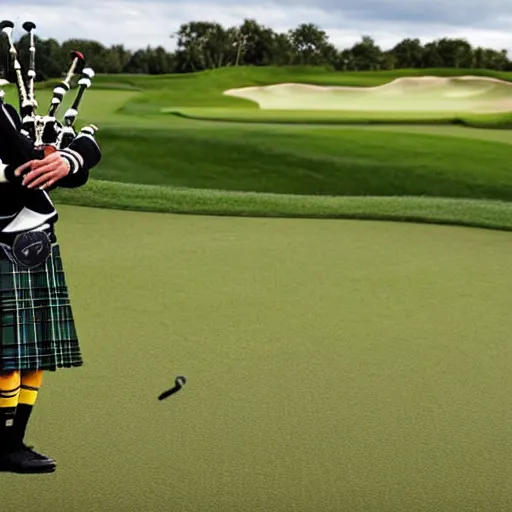 Image similar to a yellowjacket hornet playing bagpipes on a golf course, realistic, hyper realistic, intricate