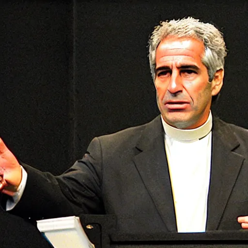 Image similar to jeffery epstein, dressed up as catholic priest, speaking to a congregation, 8 k, realistic.