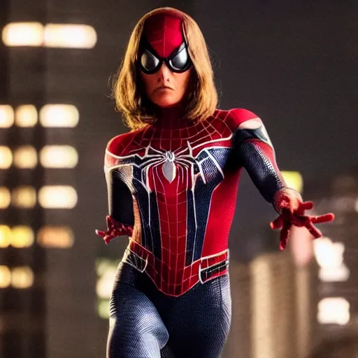 Prompt: A still of Mila Jovovich as spiderwoman in Spiderman 4 (2023), blonde hair with pink highlights, no mask