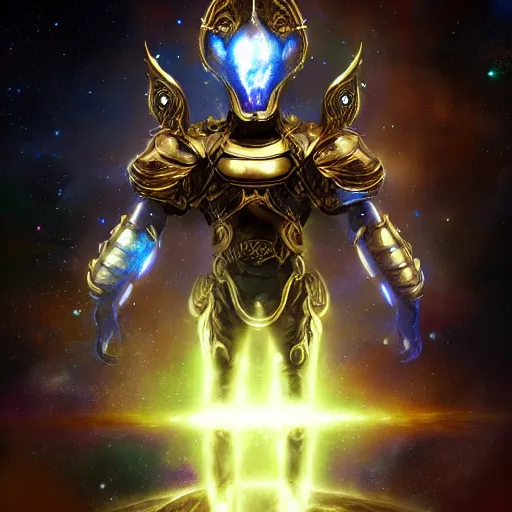 Image similar to photorealistic fantasy cosmic concept art of a cosmic god with armor made out of planets and dark matter, hovering in a unknown galaxy, fully body portrait, cinematic, dynamic lighting, ultra detailed, creative, trending on art station, creative