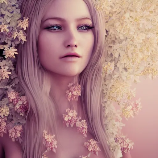 Prompt: beautiful blonde lady in flower dress, hyperrealistic, ultra detailed, octane render, symmetric, 3d, majestic, dark fantasy, intricate