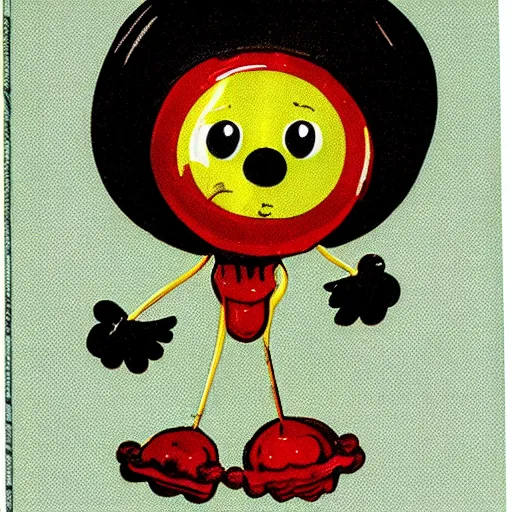 Image similar to a cartoon strawberry with big eyes, arms and legs and only two front teeth, drooling, holding a bright yellow tooth brush, in the style of little golden books