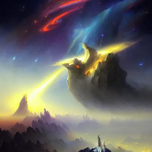 Image similar to ''cinematic shot'' a galaxy dragon made of all the galaxy in the space flying making peace in the universe stars planets realistic atmosferic made by ivan aivazovsky, peter mohrbacher, greg rutkowski volumetric light effect broad light oil painting painting fantasy art style sci - fi art style realism premium prints available artwork unreal engine