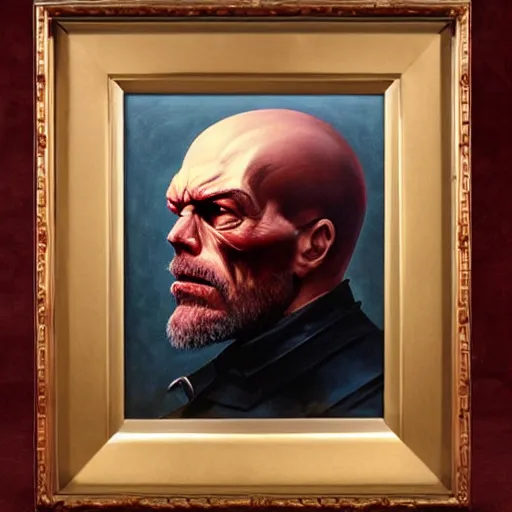 Image similar to ultra realistic portrait painting of red skull vladimir lenin, art by frank frazetta, 4 k, ultra realistic, highly detailed, epic lighting