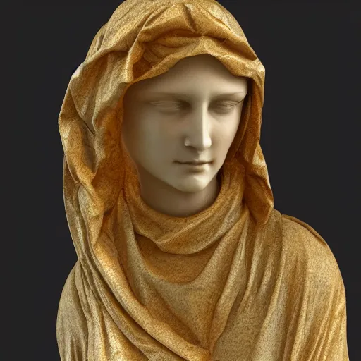 Prompt: a marble sculpture of the veiled virgin , !face, !female, covered in intricate !detailed golden streaked !!sheer !!!!!veil , physically based rendering, photo realistic, top light , dark background
