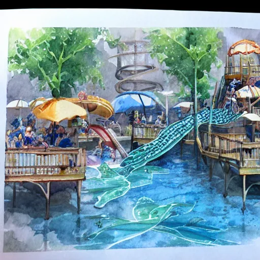 Image similar to water color on paper, water park fun, highly detailed, artstation, masterpiece, award - winning,