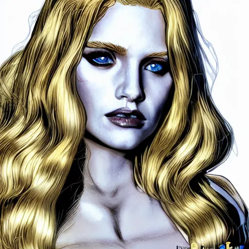 Image similar to abbey lee kershaw as emma frost, symmetrical facial features, 8 k intricate detail, golden ratio, in the style of pepe larraz, radiosity rendering,
