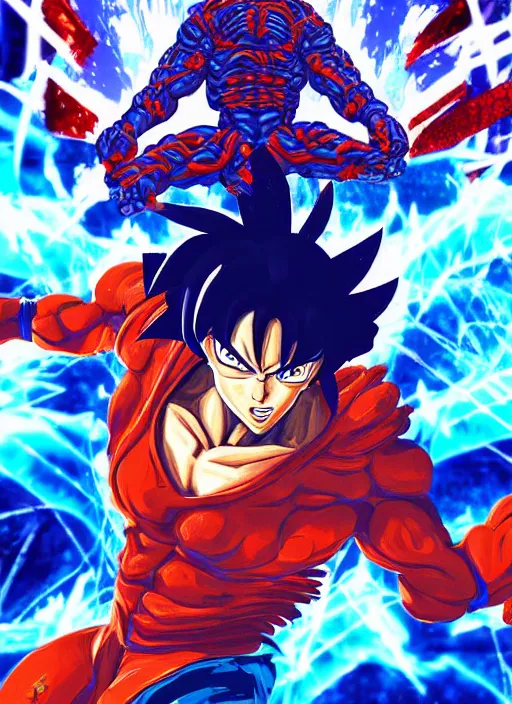 Image similar to Cyber Ultra Instict Goku Portrait, Smooth Digital Artwork, Fractal Chaos Background, Rendered in Maya, Hyperdetailed, Cinematic Shot, in style of Kentaro Miura