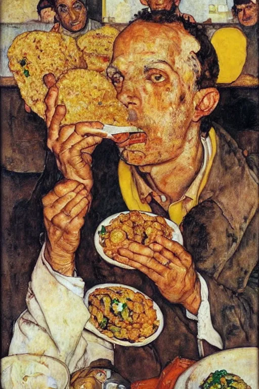 Prompt: portrait of an israeli man eating a falafel in tel aviv, norman rockwell, egon schiele