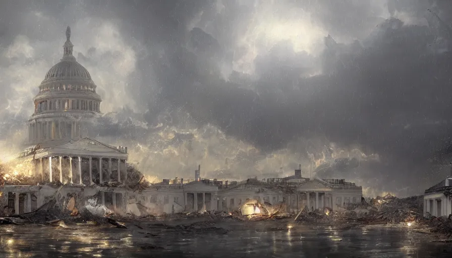 Prompt: washington during tsunami, rain, thunderstorm, destruction, destroyed white house, destroyed capitol, collapsed washington monument, hyperdetailed, artstation, cgsociety, 8 k