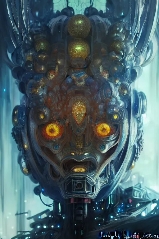 Image similar to asura from chinese myth, ghost, gorgeous and huge head ornaments, dystopian, cyberpunk, organic fractal mycelum and fungi, mecha, halfturn portrait of a big crystal face made of crystals half - turn, ominous, intricate, studio, art by anthony macbain + greg rutkowski + alphonse mucha, concept art, 4 k, sharp focus