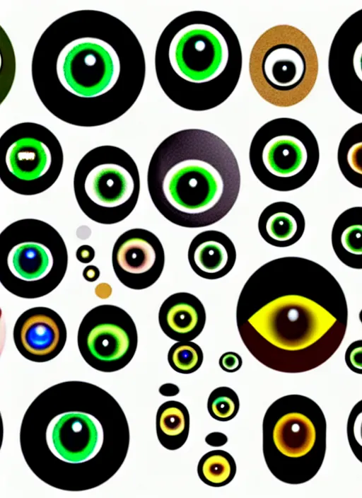 Image similar to diverse eyes!, centered dot pupils, round pupil, happy smiling human eyes, round iris, advanced art, art styles mix, from wikipedia, various eye shapes, eye relections