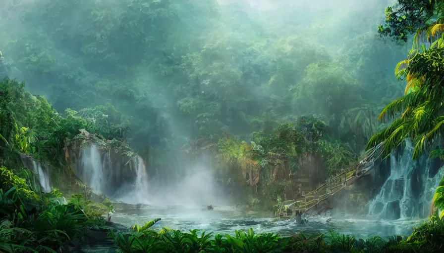 Image similar to abandoned zoo covered by vegeration in the heart of the jungle, sunny morning, mountains and waterfalls, light fog, hyperdetailed, artstation, cgsociety, 8 k