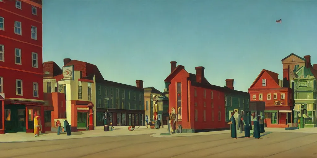 Image similar to quaint little toy town, main street elevation, grant wood, pj crook, edward hopper, oil on canvas