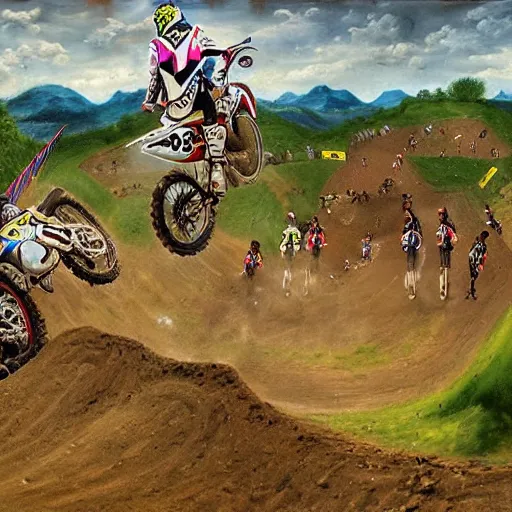 Prompt: motocross race on dirt jump, in the style of garden of earthly delights painting by jerome bosch