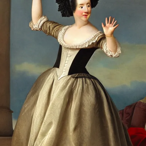 Prompt: a woman in 1 8 th century clothing waving her hands at you, ultrarealistic