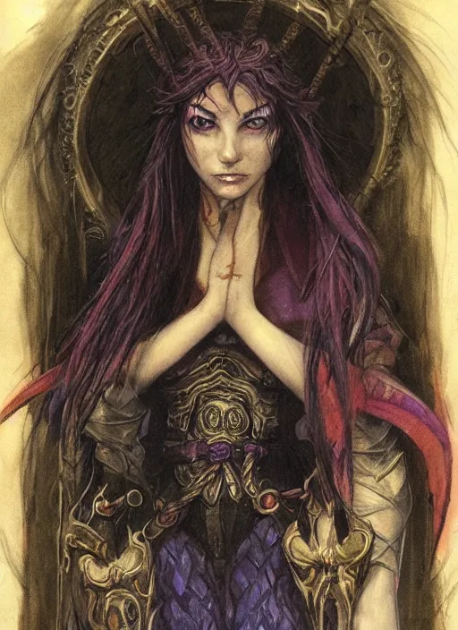 Image similar to portrait of young female sorceress of the endtimes, beautiful! coherent! dungeons and dragons character, by brian froud, strong line, cool night color, high contrast