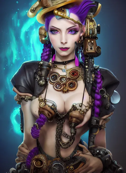 Prompt: steampunk portrait of jinx from league of legends, au naturel, hyper detailed, digital art, trending in artstation, cinematic lighting, studio quality, smooth render, unreal engine 5 rendered, octane rendered, art style by klimt and nixeu and ian sprigger and wlop and krenz cushart.