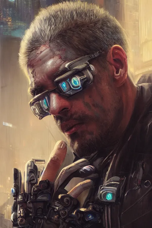 Image similar to illustration of an male cyberpunk character wearing bionic implants, criminal mugshot, gritty, gritty, highly detailed, oil on canvas, soft lighting, pastel colors, by WLOP and Greg Staples, HD, 4K