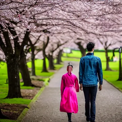 Image similar to a young man and young lady walking hand in hand with their backs turned away from the camera lens, surrounded by cherry blossom trees