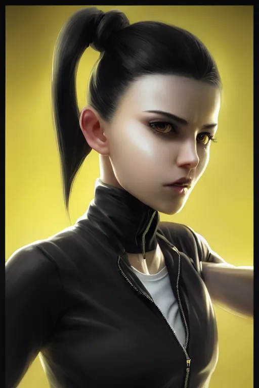 Prompt: black ponytail hair, pale woman in a black unzipped jacket, black shorts, yellow eyes, by artgerm, hair tied in a ponytail, black backdrop, masterpiece, beautiful render, matte painting, realistic, dynamic angle, wlop, loish, octane render, sharp focus, decadent, by greg rutkowski makoto shinkai