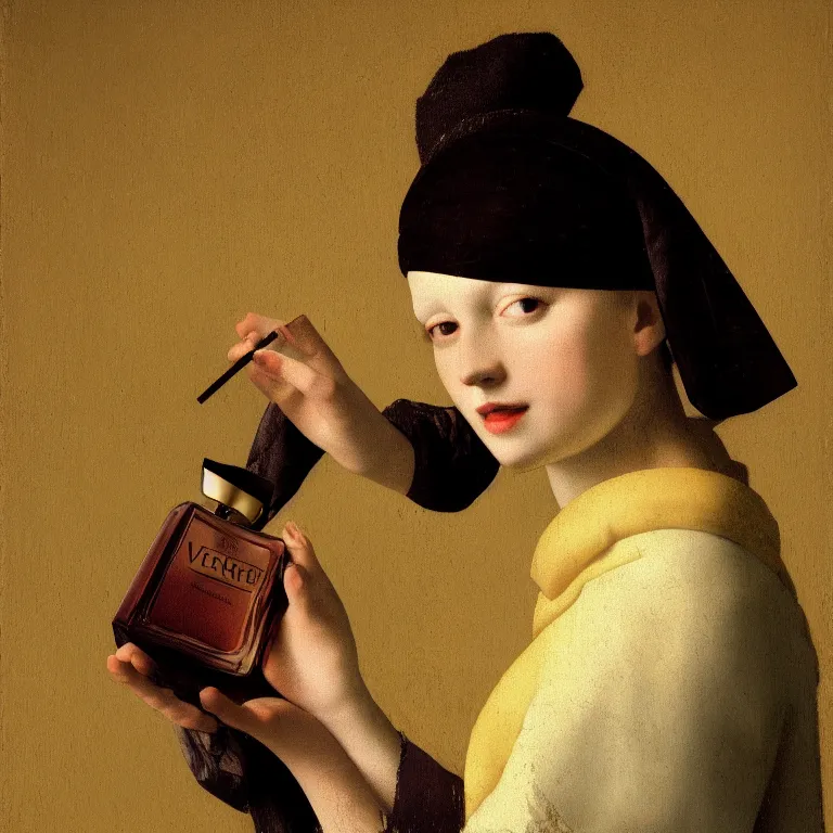 Image similar to portrait fragrance packshot by vermeer, highly detailed, saturated colors, fashion