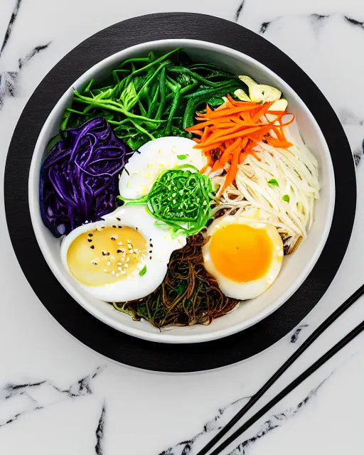 Image similar to realistic photo of delicious bimbimbap, bowl, white kitchen table, marble, highly detailed, by louise lister, sara ali, mary devinat, kailee mandel, masterpiece, award winning, food photography