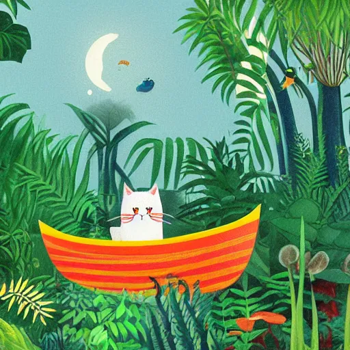 Prompt: cat in a boat, ferns, jungle, night, stars, highly detailed, unreal engine render concept art, style of henri rousseau and richard scarry and hiroshi yoshida and etel adnan