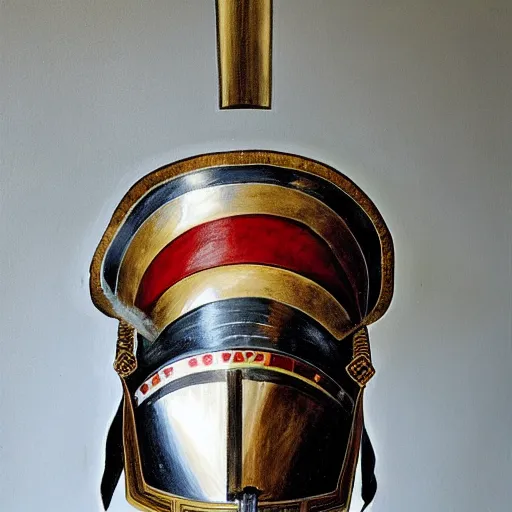 Prompt: painting of roman centurion helmet with plume