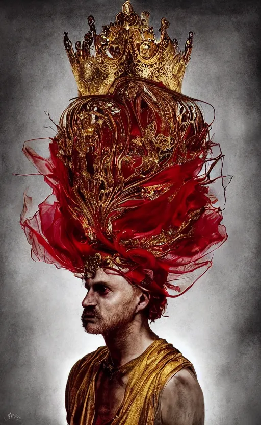 Image similar to 'Portrait of Crowned King Arthur' by Lee Jeffries royally decorated, whirling plasma, atmospheric motes, red and gold Sumptuous garb, gilt silk fabric, radiant colors, fantasy, perfect lighting, studio lit, micro details,