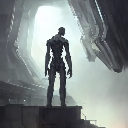 Image similar to concept art by greg rutkowski, a very tall and slender cyborg, standing in front of a large rectangular looking space, high tech and futuristic white walled environment, unnatural lighting, uncanny atmosphere, frightening and creepy atmosphere, scifi, highly detailed portrait, digital painting, artstation, concept art, smooth, sharp foccus ilustration, artstation hq