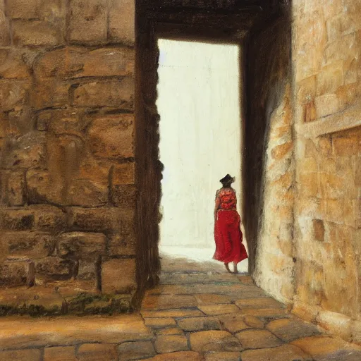 Image similar to A photograph of a Colombian woman in a peach dress, walking away from camera, down a narrow sandstone alley with rough-hewn sandstone building either side, and a varnished wooden door on the right. Ahead is a lantern, attached to the right wall. Late afternoon on a sunny day. Detailed oil painting