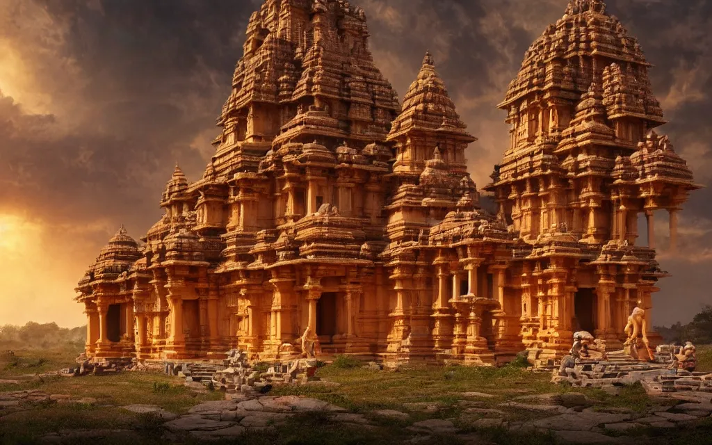 Prompt: High Fantasy solitary Hindu temple typical of the Hampi style ! on a plain near a river, colorful sculptural motifs Intricate, detailed , artistic , volumetric lights warm. Joyful matte painting by Darek Zabrocki and Emmanuel Shiu, 4k ultra detailed, great composition cinematic.