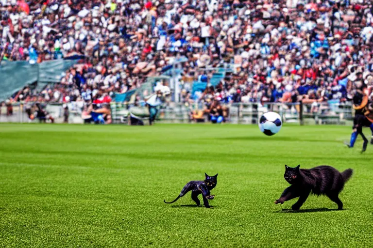 Image similar to dos gatos jugando al futbol en un estadio lleno de gente, fotorealista, 4 k, detallado