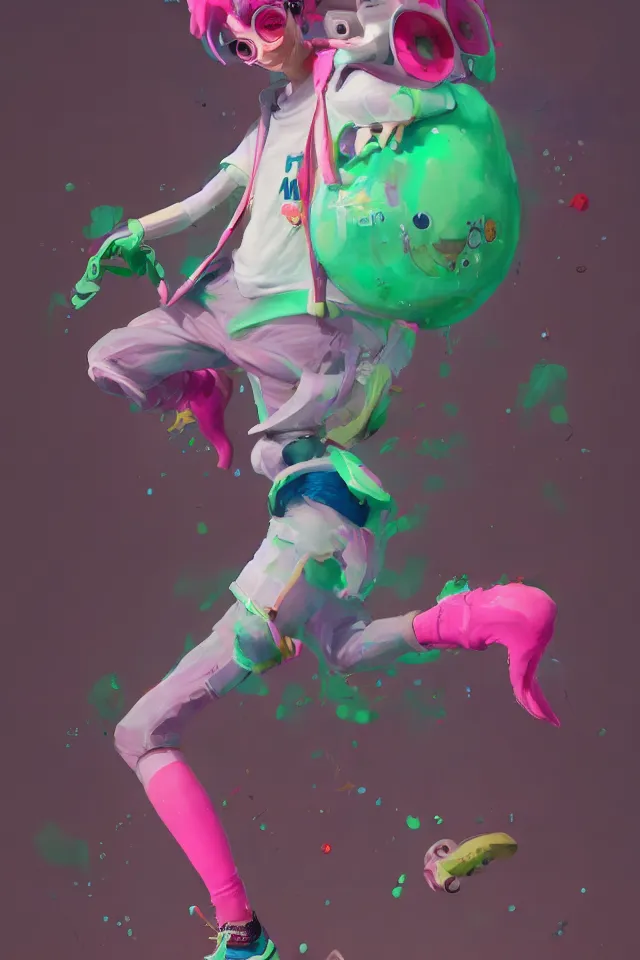 Image similar to a beautiful fullbody portrait of a cute happy splatoon boy with pink hair and green eyes wearing sports clothing tight leggings. character design by cory loftis, fenghua zhong, ryohei hase, ismail inceoglu and ruan jia. artstation, volumetric light, detailed, photorealistic, fantasy, rendered in octane