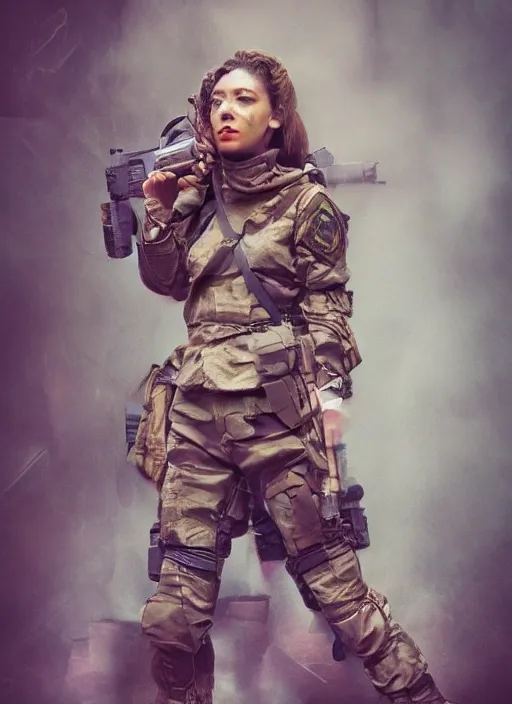 Prompt: full body concept art illustration pastel painting of a female military in intricate clothing with a very beautiful face, ultra detailed, octane render, 8K, dystopian, micro details