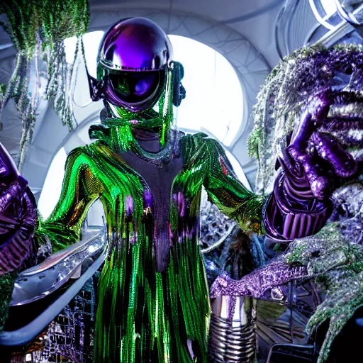 Image similar to conde nast traveler photo, inside a futuristic detailed alien jungle made out of shiny reflective chrome, futuristic android with limbs made out of stretchy rubber tubing mixed with shiny colorful giant intricate detailed chrome gauntlets and chest piece and luchador mask, wearing a long purple velvet cape, fog and mist