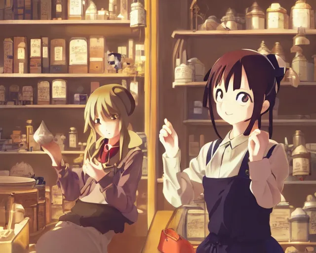 Image similar to anime visual, portrait of a young female traveler in a alchemist's shop interior, cute face by yoh yoshinari, katsura masakazu, studio lighting, dynamic pose, dynamic perspective, strong silhouette, anime cels, ilya kuvshinov, cel shaded, crisp and sharp, rounded eyes, moody, cold colors
