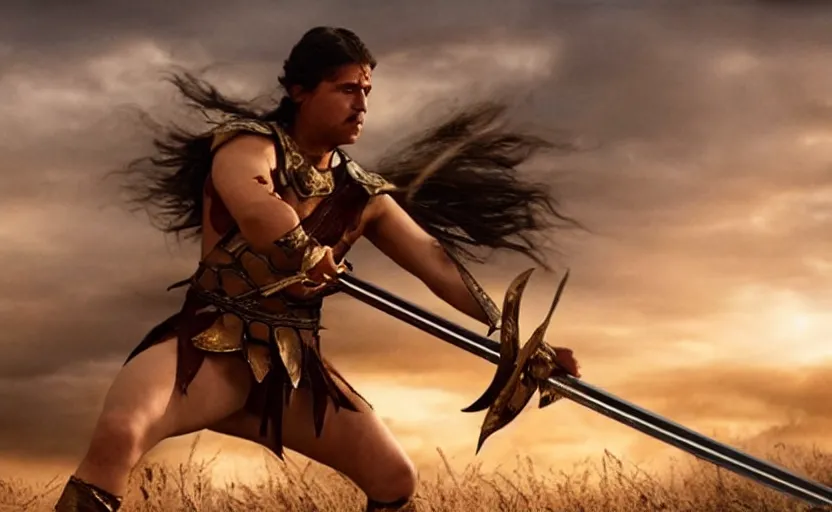 Image similar to cinematic still of a warrior with brown hair wielding a golden hilted sword in the style of 300 movie,