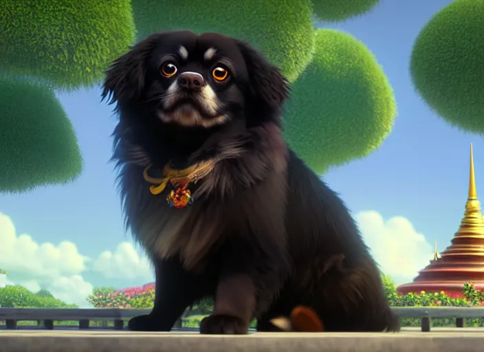 Image similar to a wholesome animation key shot of a black tibetan spaniel, thai temple in the background, studio ghibli, pixar and disney animation, sharp, rendered in unreal engine 5, anime key art by greg rutkowski, bloom, dramatic lighting