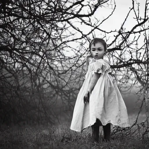 Prompt: a girl in a white cotton dress. a decaying georgian farmhouse. a tree of red apples. folk. gothic