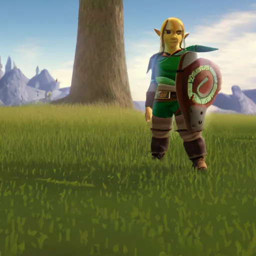 Prompt: character screenshot of dana white, npc, ocarina of time, field, 3 6 0 p, bokeh, legend of zelda, detailed, dialog text