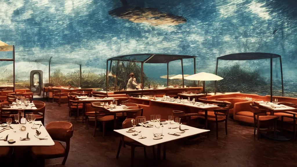 Prompt: restaurant, made of water, film still from the movie directed by Denis Villeneuve with art direction by Salvador Dalí, wide lens