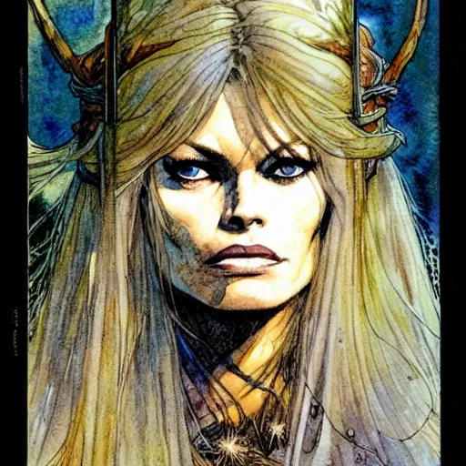 Image similar to a realistic and atmospheric watercolour fantasy character concept art portrait of brigitte bardot as a druidic warrior wizard looking at the camera with an intelligent gaze by rebecca guay, michael kaluta, charles vess and jean moebius giraud