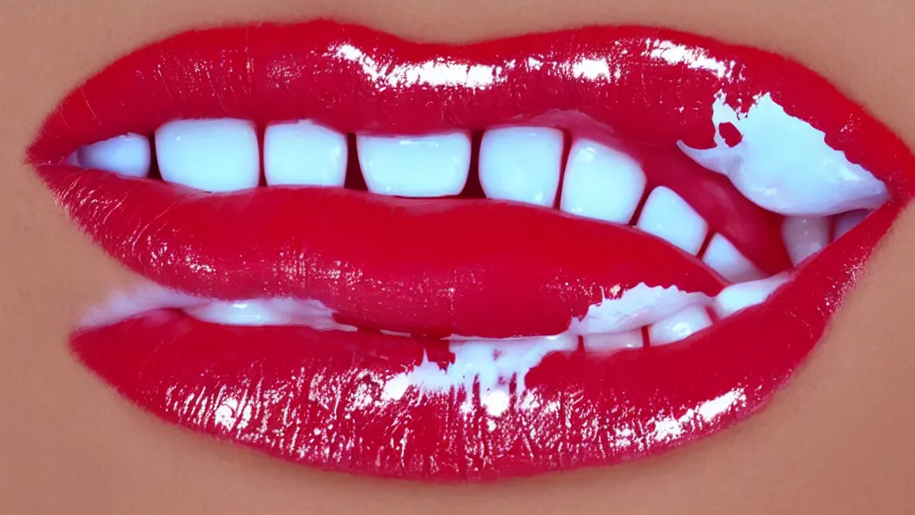 Image similar to realistic and detailed soft airbrush of a screaming mouth with glossy shiny wet scarlet red lips, inspired by 8 0 s airbrush illustrations, art by masao saito